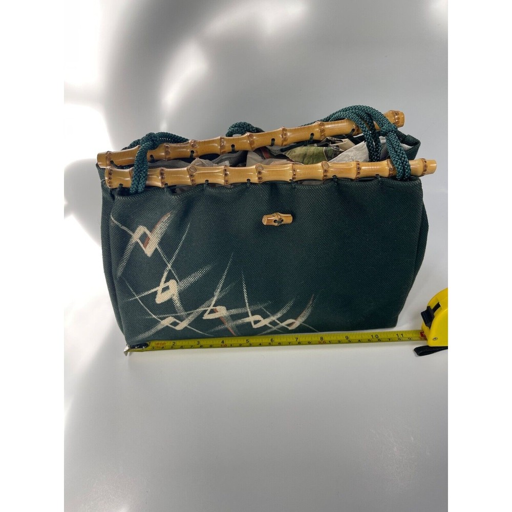 Hand painted Purse Bamboo Handles Made In Japan GREEN Medium Sz VTG